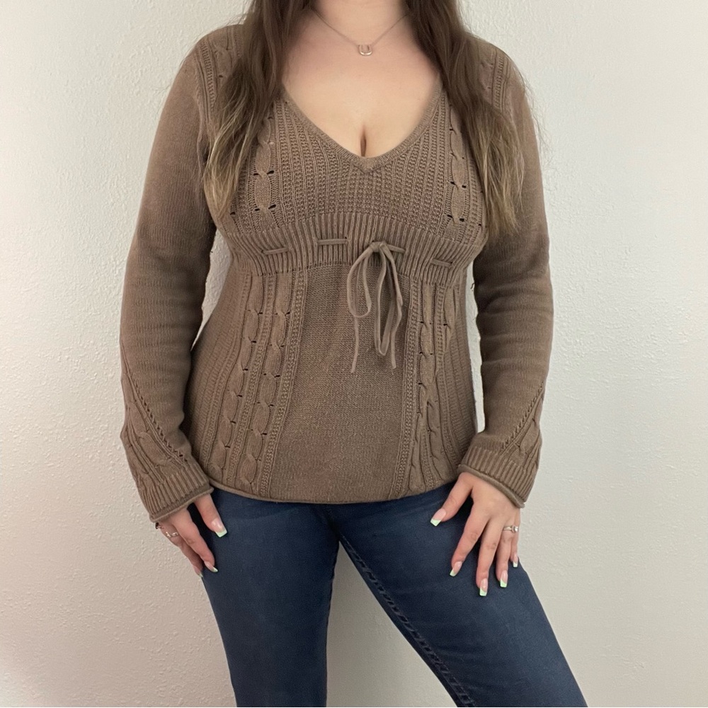 DKNY Womens Brown Y2K Bella Swan V Neck Long Sleeve Hooded Babydoll Sweater Top